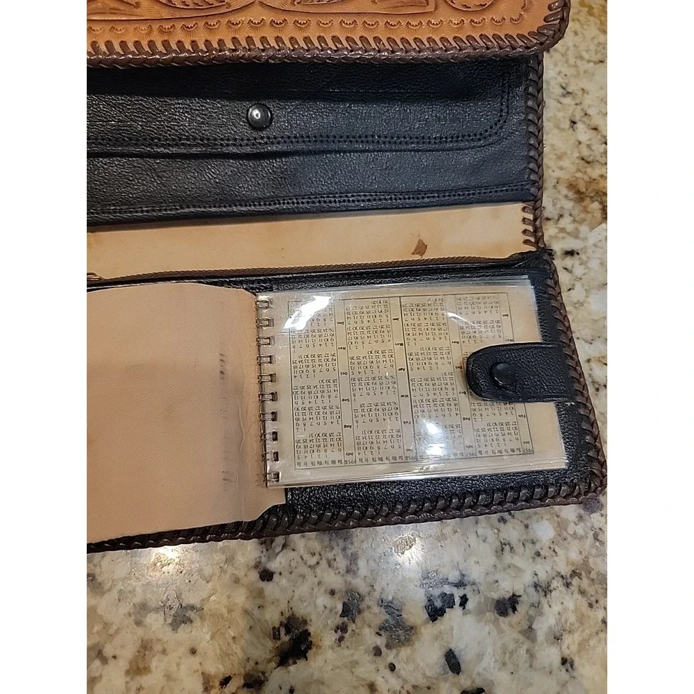 Vintage Hand Tooled Brown Leather Long Billfold Wallet Pocket Pearl Snaps